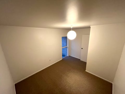 Empty room with beige walls, brown carpet, ceiling light fixture, and blue-paned door at the far end